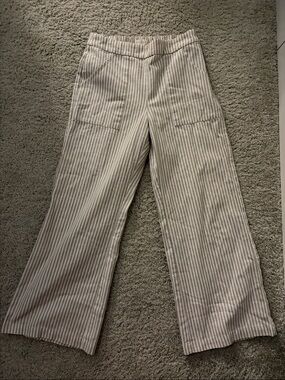 Roolee Beige and White Striped Elastic-Waist Pants